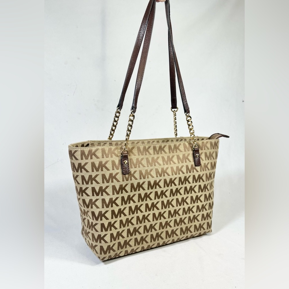 Michael Kors Signature Monogram Tan Brown Leather Shoulder Bag Tote Bag